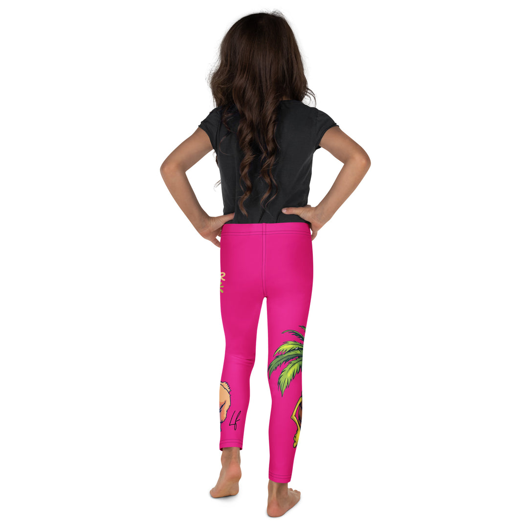 Palma Llama Girls Leggings, pink background with a palm tree wearing sunglasses and holding a cocktail on one leg, and a llama with sunglasses and "SUMMER VIBES" text above on the other leg, designs covering almost the full length of each leg, back view on model