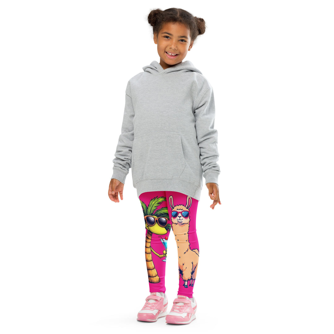 Palma Llama Girls Leggings, pink background with a palm tree wearing sunglasses and holding a cocktail on one leg, and a llama with sunglasses and "SUMMER VIBES" text above on the other leg, designs covering almost the full length of each leg, front pose with arms at sides on model