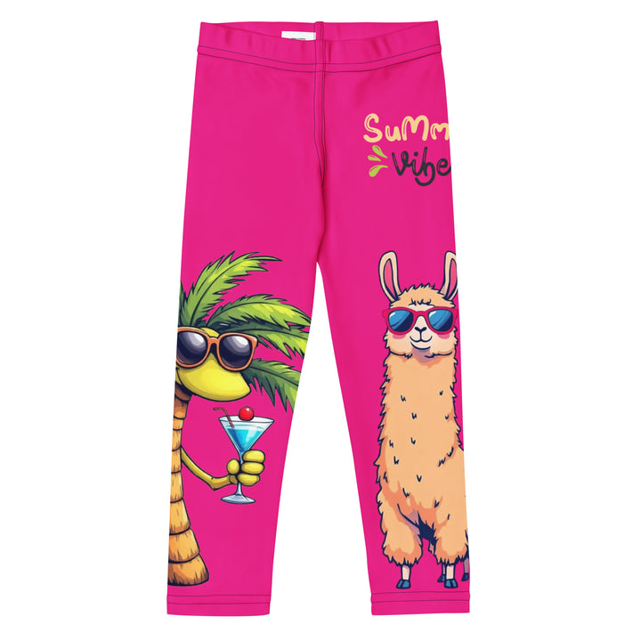  Palma Llama Girls Leggings, pink background with a palm tree wearing sunglasses and holding a cocktail on one leg, and a llama with sunglasses and "SUMMER VIBES" text above on the other leg, designs covering almost the full length of each leg, front view