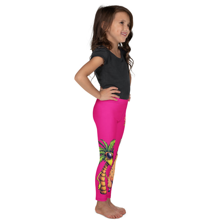  Palma Llama Girls Leggings, pink background with a palm tree wearing sunglasses and holding a cocktail on one leg, and a llama with sunglasses and "SUMMER VIBES" text above on the other leg, designs covering almost the full length of each leg, right side view on model