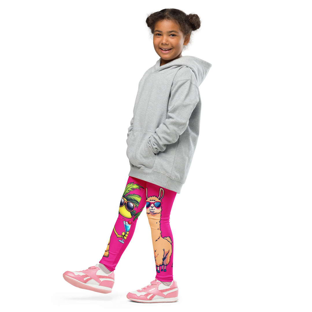 Palma Llama Girls Leggings, pink background with a palm tree wearing sunglasses and holding a cocktail on one leg, and a llama with sunglasses and "SUMMER VIBES" text above on the other leg, designs covering almost the full length of each leg, side view with one leg lifted and extended on model