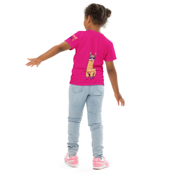 Palma Llama Girls T-shirt, pink background with a palm tree drinking a cocktail and wearing sunglasses on the front, "SUMMER VIBES" text on the left sleeve, and a llama wearing sunglasses on the back, back pose on model