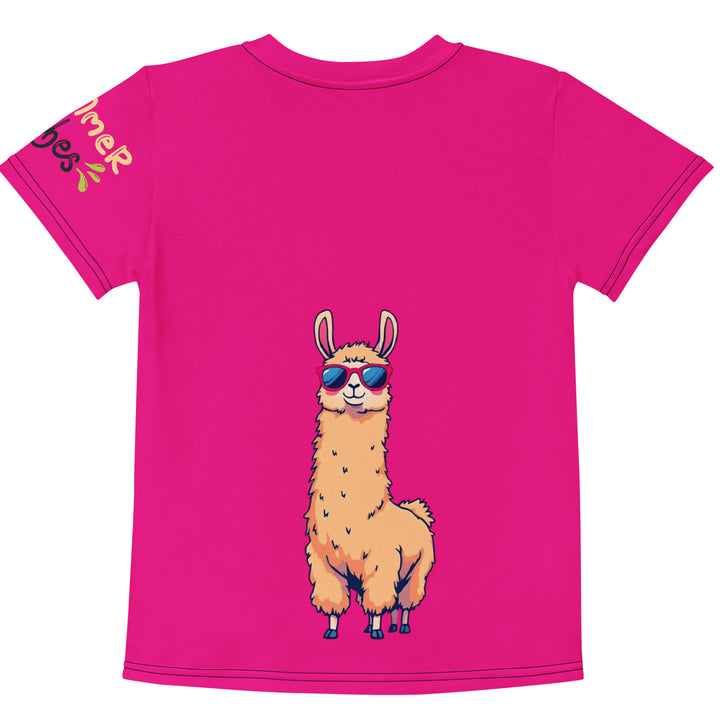 Palma Llama Girls T-shirt, pink background with a palm tree drinking a cocktail and wearing sunglasses on the front, "SUMMER VIBES" text on the left sleeve, and a llama wearing sunglasses on the back, back view