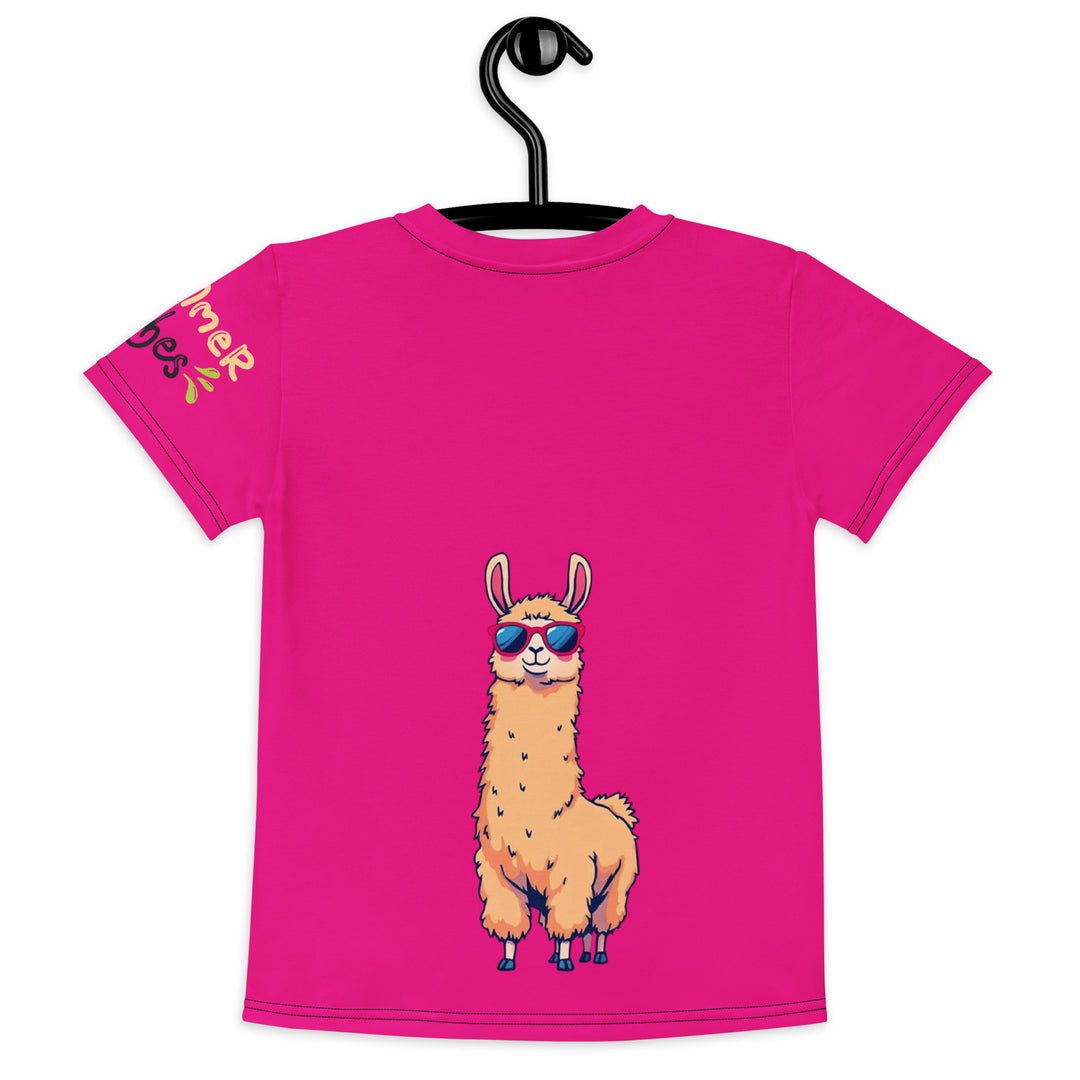  Palma Llama Girls T-shirt, pink background with a palm tree drinking a cocktail and wearing sunglasses on the front, "SUMMER VIBES" text on the left sleeve, and a llama wearing sunglasses on the back, back view on hanger