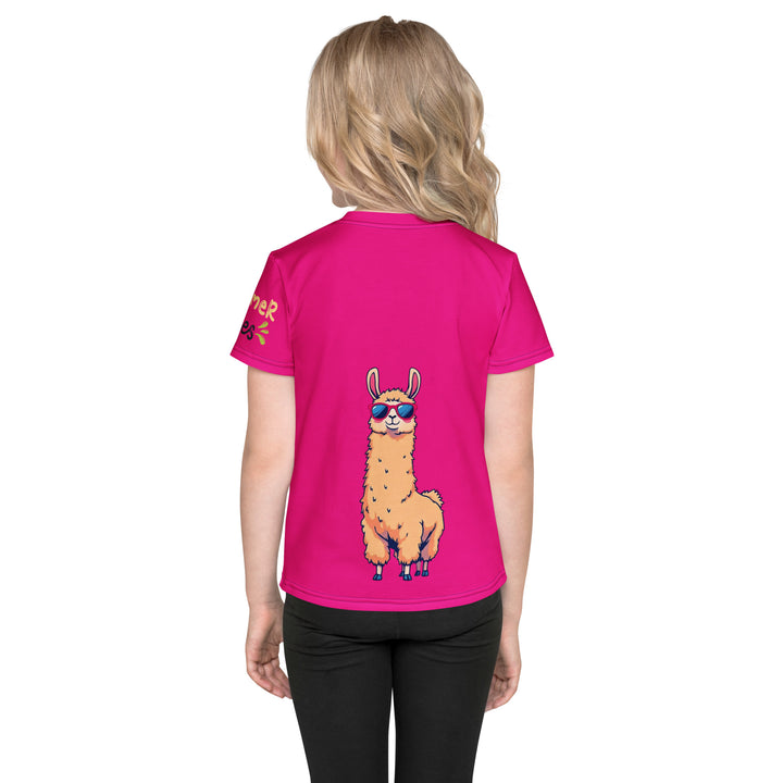 Palma Llama Girls T-shirt, pink background with a palm tree drinking a cocktail and wearing sunglasses on the front, "SUMMER VIBES" text on the left sleeve, and a llama wearing sunglasses on the back, back view on model