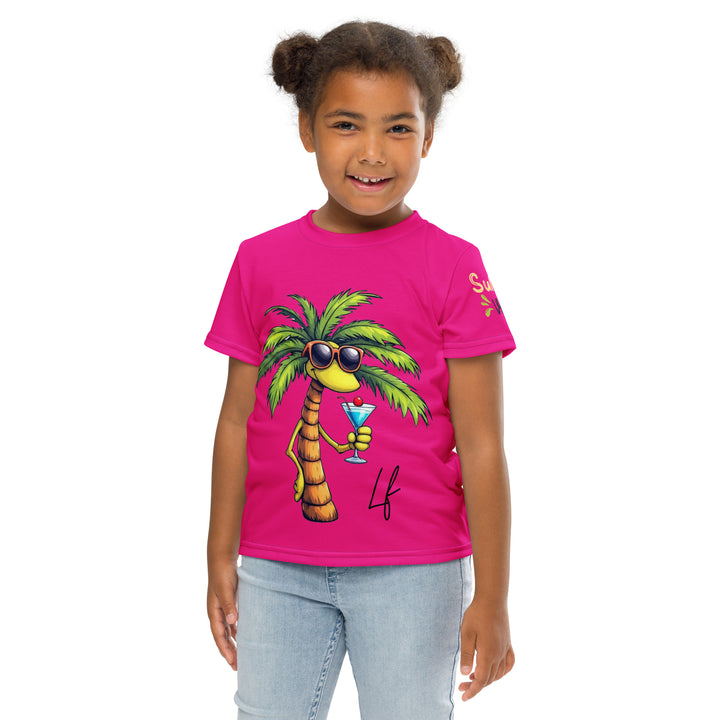 Palma Llama Girls T-shirt, pink background with a palm tree drinking a cocktail and wearing sunglasses on the front, "SUMMER VIBES" text on the left sleeve, and a llama wearing sunglasses on the back, front pose with arms at sides on model