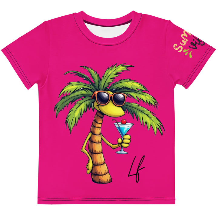 Palma Llama Girls T-shirt, pink background with a palm tree drinking a cocktail and wearing sunglasses on the front, "SUMMER VIBES" text on the left sleeve, and a llama wearing sunglasses on the back, front view