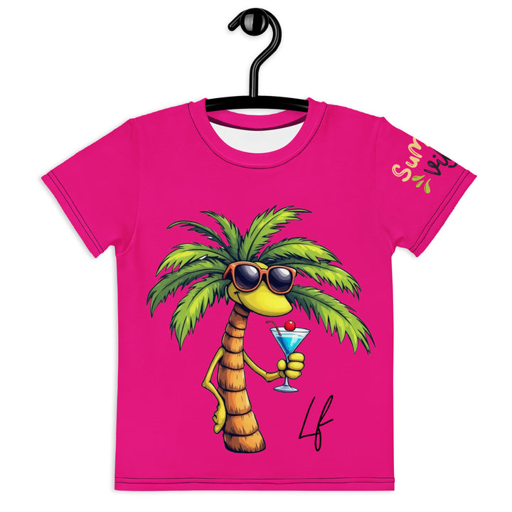 Palma Llama Girls T-shirt, pink background with a palm tree drinking a cocktail and wearing sunglasses on the front, "SUMMER VIBES" text on the left sleeve, and a llama wearing sunglasses on the back, front view on hanger