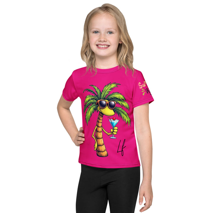 Palma Llama Girls T-shirt, pink background with a palm tree drinking a cocktail and wearing sunglasses on the front, "SUMMER VIBES" text on the left sleeve, and a llama wearing sunglasses on the back, front view on model