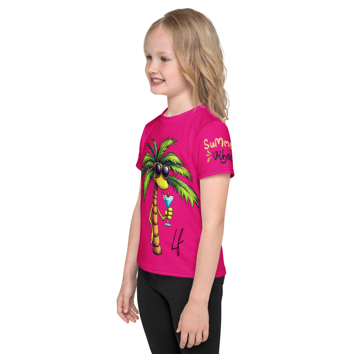  Palma Llama Girls T-shirt, pink background with a palm tree drinking a cocktail and wearing sunglasses on the front, "SUMMER VIBES" text on the left sleeve, and a llama wearing sunglasses on the back, left side view on model