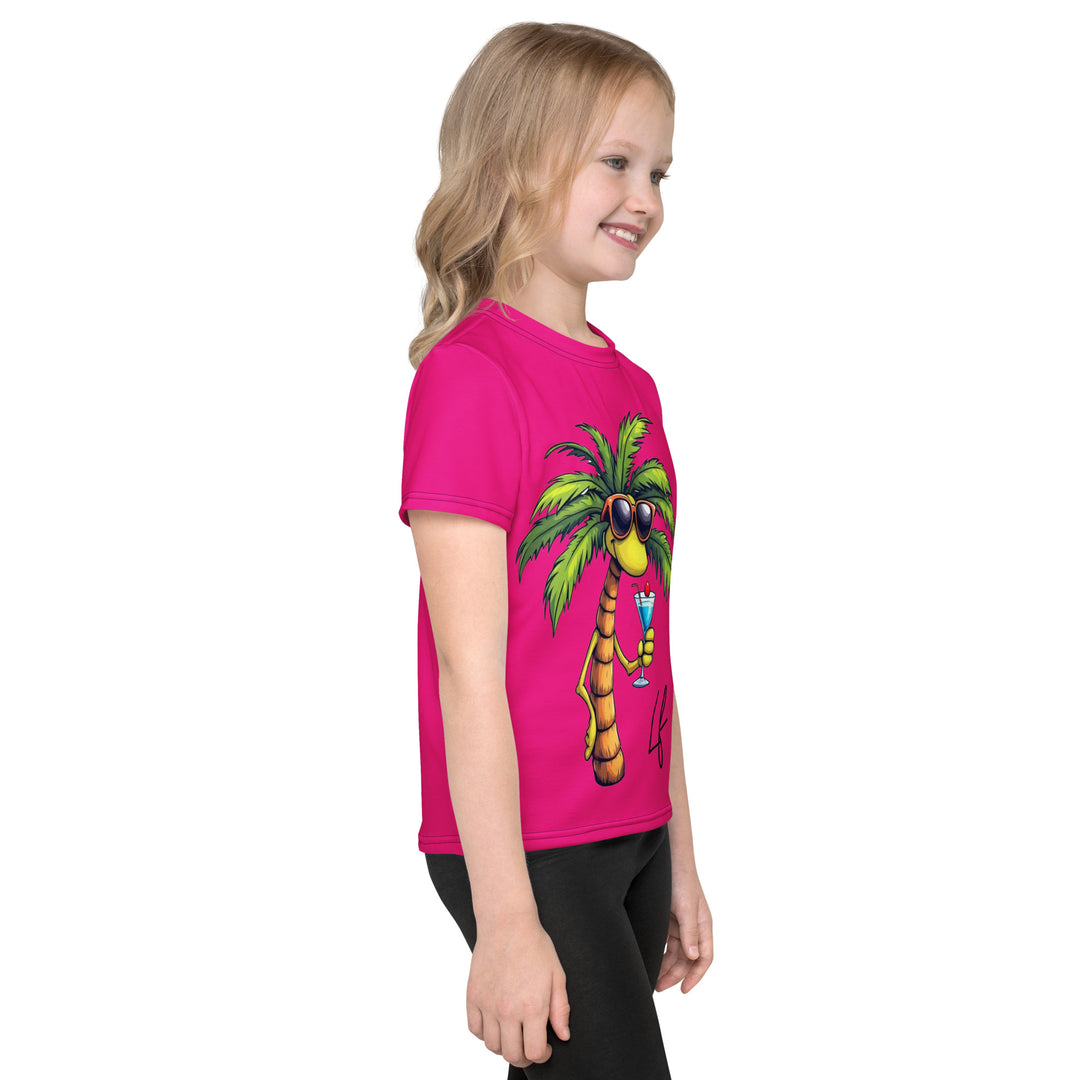  Palma Llama Girls T-shirt, pink background with a palm tree drinking a cocktail and wearing sunglasses on the front, "SUMMER VIBES" text on the left sleeve, and a llama wearing sunglasses on the back, right side view on model