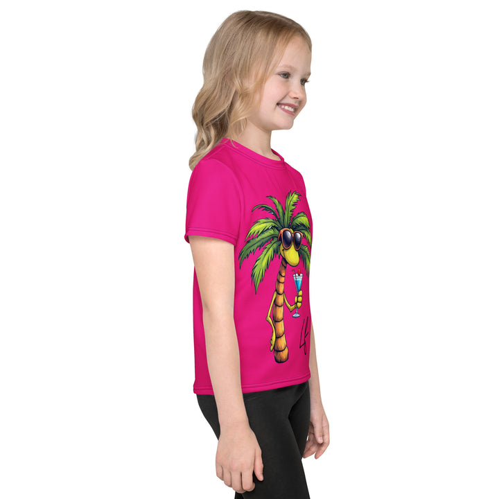  Palma Llama Girls T-shirt, pink background with a palm tree drinking a cocktail and wearing sunglasses on the front, "SUMMER VIBES" text on the left sleeve, and a llama wearing sunglasses on the back, right side view on model
