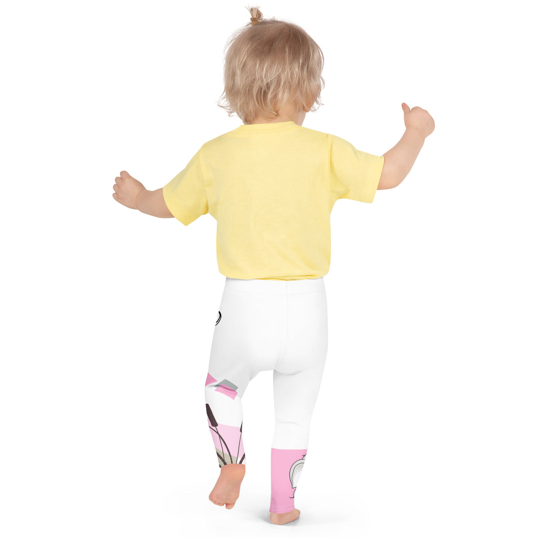 Pastel Elephant Love Girls Leggings, white background with gray elephant holding a pink heart-shaped balloon, surrounded by gray and pink hearts, pink and gray rectangles, and floral accents in matching colors, back pose on model