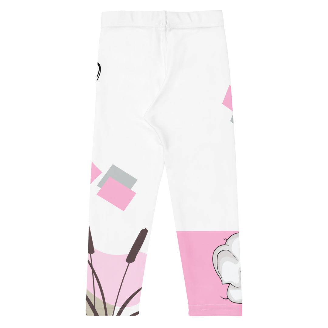  Pastel Elephant Love Girls Leggings, white background with gray elephant holding a pink heart-shaped balloon, surrounded by gray and pink hearts, pink and gray rectangles, and floral accents in matching colors, back view