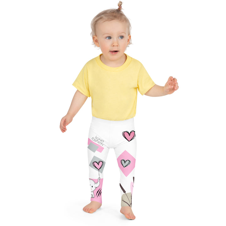Pastel Elephant Love Girls Leggings, white background with gray elephant holding a pink heart-shaped balloon, surrounded by gray and pink hearts, pink and gray rectangles, and floral accents in matching colors, front close-up view on model-with a visible 'Leona Fashion' text on the design