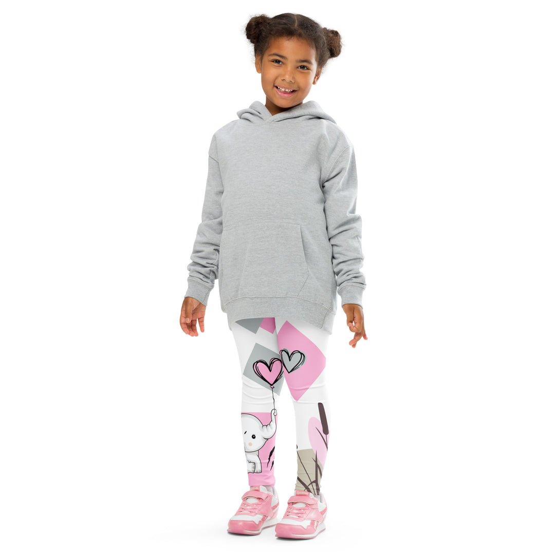Pastel Elephant Love Girls Leggings, white background with gray elephant holding a pink heart-shaped balloon, surrounded by gray and pink hearts, pink and gray rectangles, and floral accents in matching colors, front pose with arms extended on model