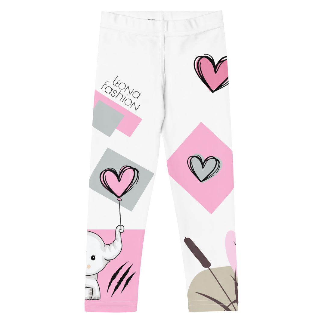  Pastel Elephant Love Girls Leggings, white background with gray elephant holding a pink heart-shaped balloon, surrounded by gray and pink hearts, pink and gray rectangles, and floral accents in matching colors, front view-with a visible 'Leona Fashion' text on the design