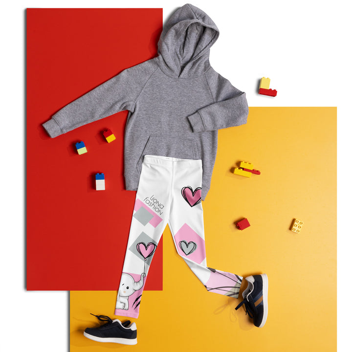Pastel Elephant Love Girls Leggings, white background with gray elephant holding a pink heart-shaped balloon, surrounded by gray and pink hearts, pink and gray rectangles, and floral accents in matching colors, front view laid flat on floor-with a visible 'Leona Fashion' text on the design
