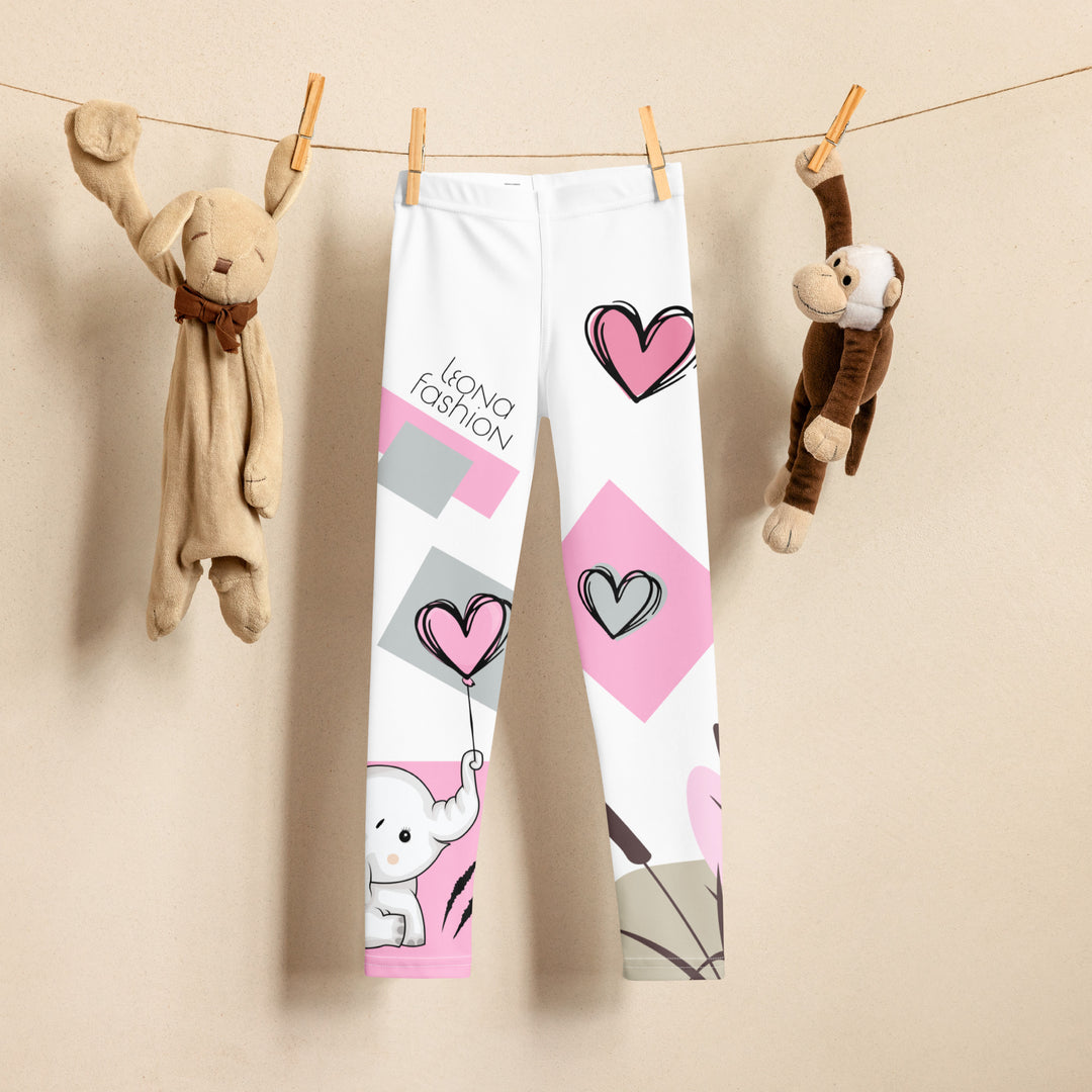  Pastel Elephant Love Girls Leggings, white background with gray elephant holding a pink heart-shaped balloon, surrounded by gray and pink hearts, pink and gray rectangles, and floral accents in matching colors, front view on hanger-with a visible 'Leona Fashion' text on the design