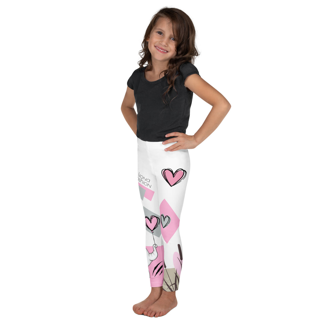 Pastel Elephant Love Girls Leggings, white background with gray elephant holding a pink heart-shaped balloon, surrounded by gray and pink hearts, pink and gray rectangles, and floral accents in matching colors, left side view on model-with a visible 'Leona Fashion' text on the design
