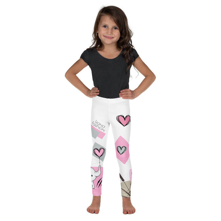Pastel Elephant Love Girls Leggings, white background with gray elephant holding a pink heart-shaped balloon, surrounded by gray and pink hearts, pink and gray rectangles, and floral accents in matching colors, relaxed front pose on model-with a visible 'Leona Fashion' text on the design