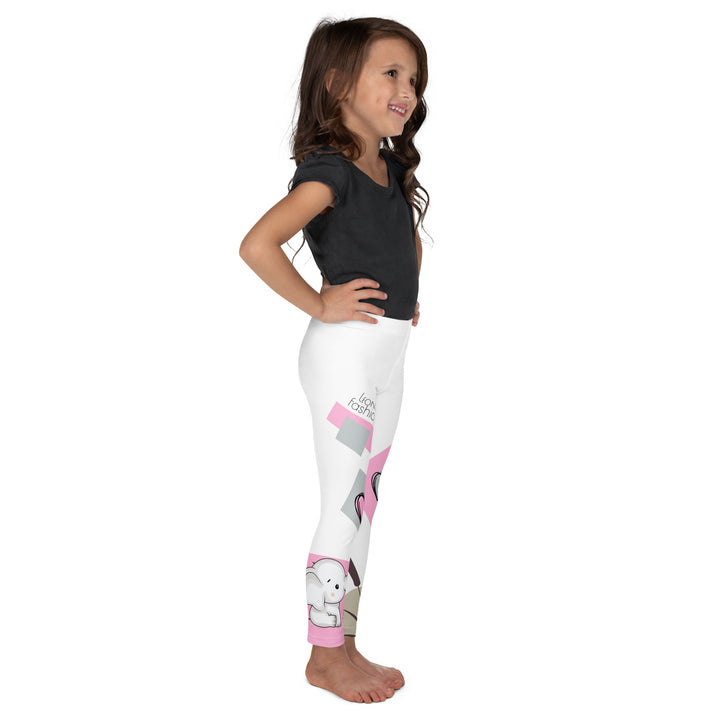 Pastel Elephant Love Girls Leggings, white background with gray elephant holding a pink heart-shaped balloon, surrounded by gray and pink hearts, pink and gray rectangles, and floral accents in matching colors, right side view on model-with a visible 'Leona Fashion' text on the design