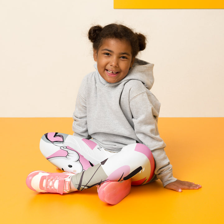  Pastel Elephant Love Girls Leggings, white background with gray elephant holding a pink heart-shaped balloon, surrounded by gray and pink hearts, pink and gray rectangles, and floral accents in matching colors, seated pose on model