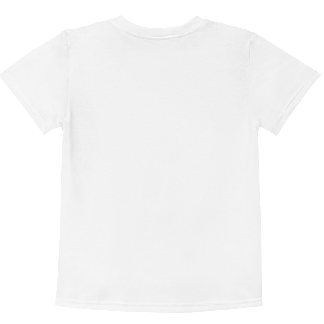 Pastel Elephant Love Girls T-shirt, white background with gray elephant holding a pink balloon, and a second pink balloon floating next to it, surrounded by pink hearts and pink and gray rectangles, back view
