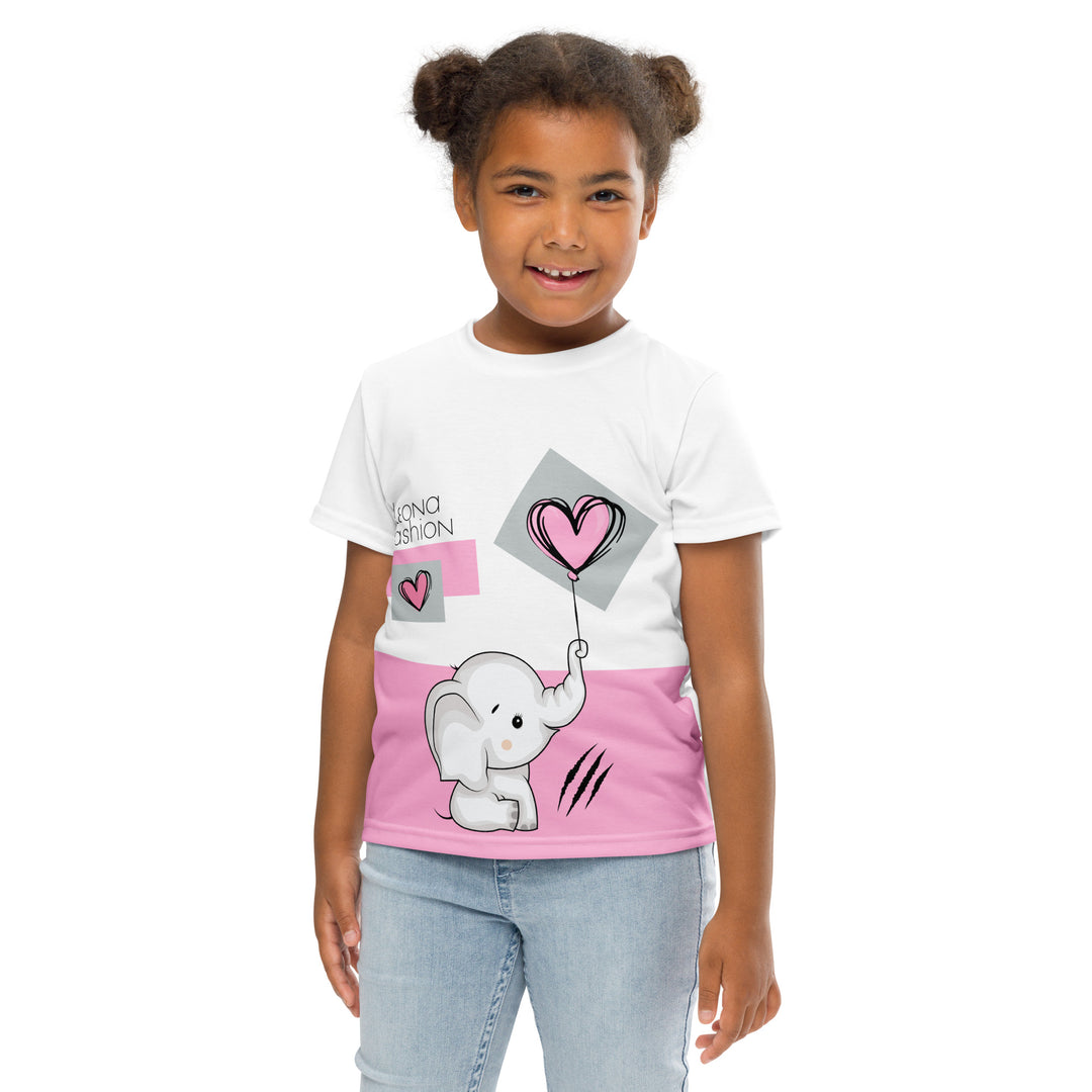 Pastel Elephant Love Girls T-shirt, white background with gray elephant holding a pink balloon, and a second pink balloon floating next to it, surrounded by pink hearts and pink and gray rectangles, front pose with arms at sides on model-with a visible 'Leona Fashion' text on the design