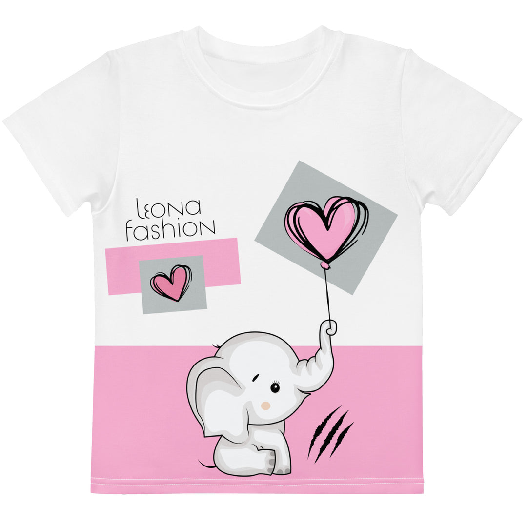 Pastel Elephant Love Girls T-shirt, white background with gray elephant holding a pink balloon, and a second pink balloon floating next to it, surrounded by pink hearts and pink and gray rectangles, front view-with a visible 'Leona Fashion' text on the design