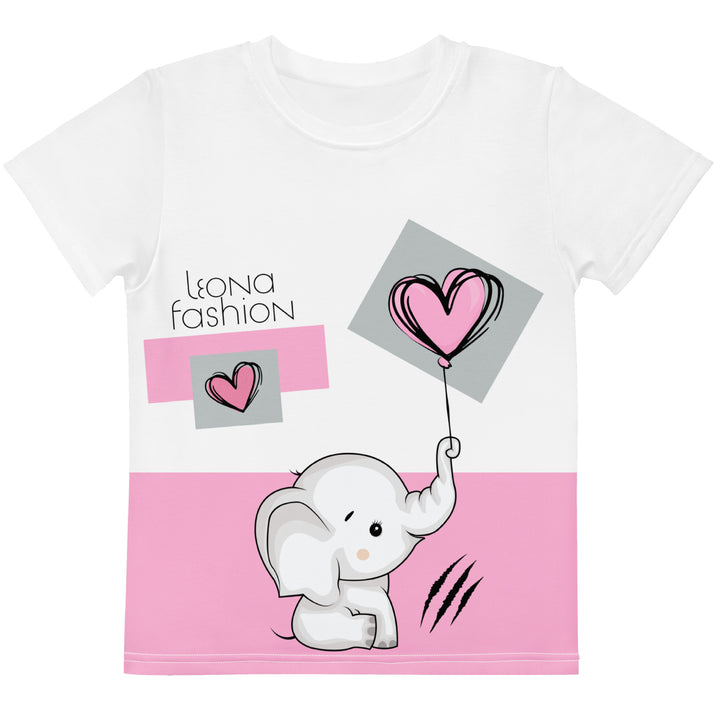 Pastel Elephant Love Girls T-shirt, white background with gray elephant holding a pink balloon, and a second pink balloon floating next to it, surrounded by pink hearts and pink and gray rectangles, front view-with a visible 'Leona Fashion' text on the design