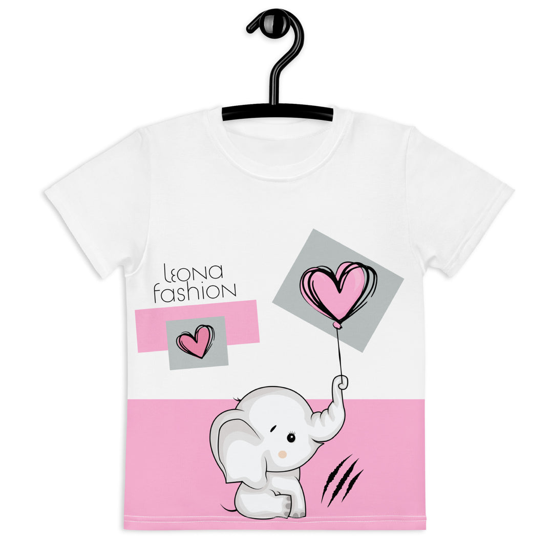  Pastel Elephant Love Girls T-shirt, white background with gray elephant holding a pink balloon, and a second pink balloon floating next to it, surrounded by pink hearts and pink and gray rectangles, front view on hanger-with a visible 'Leona Fashion' text on the design