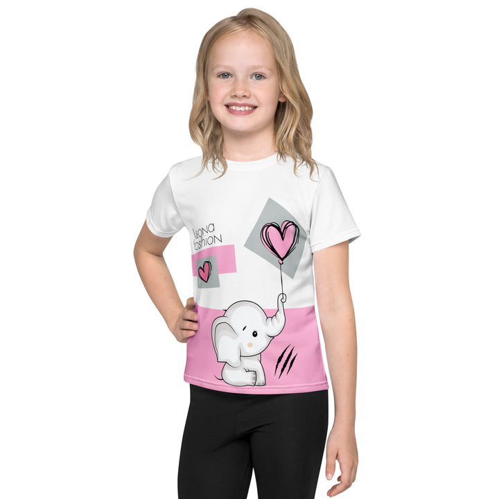  Pastel Elephant Love Girls T-shirt, white background with gray elephant holding a pink balloon, and a second pink balloon floating next to it, surrounded by pink hearts and pink and gray rectangles, front view on model-with a visible 'Leona Fashion' text on the design