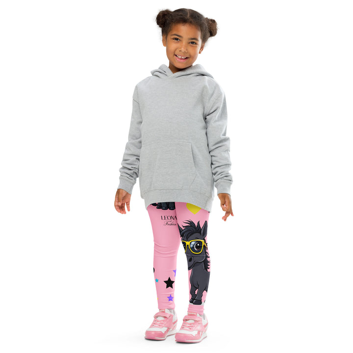 Pony Cool Girls Leggings, pink background with two black ponies wearing sunglasses and star details, front profile on model-with a visible 'Leona Fashion' text on the design
