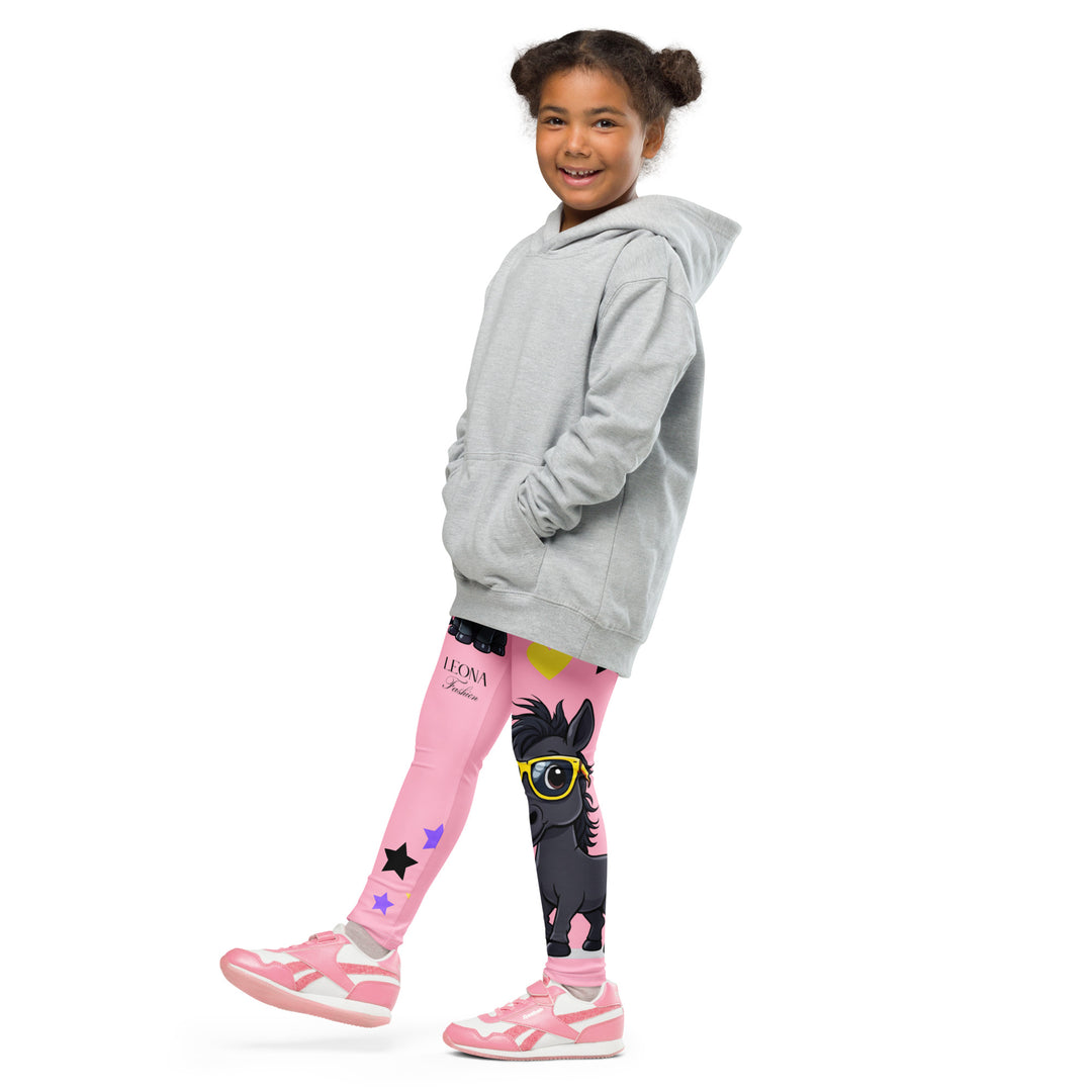 Pony Cool Girls Leggings, pink background with two black ponies wearing sunglasses and star details – rear side with one leg bent-with a visible 'Leona Fashion' text on the design