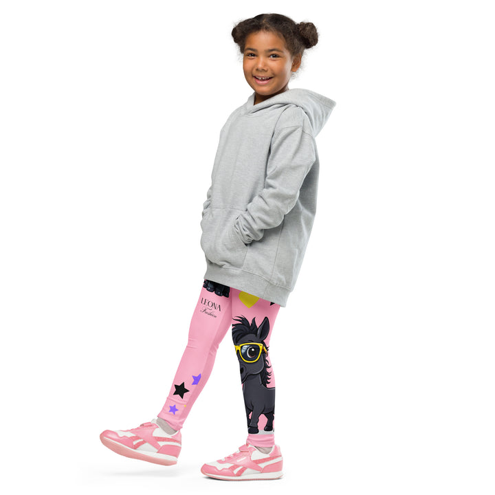Pony Cool Girls Leggings, pink background with two black ponies wearing sunglasses and star details – rear side with one leg bent-with a visible 'Leona Fashion' text on the design