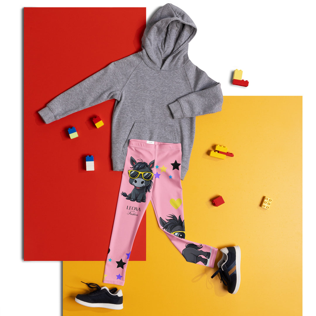 Pony Cool Girls Leggings, pink background with two black ponies wearing sunglasses and star details- front side-with a visible 'Leona Fashion' text on the design