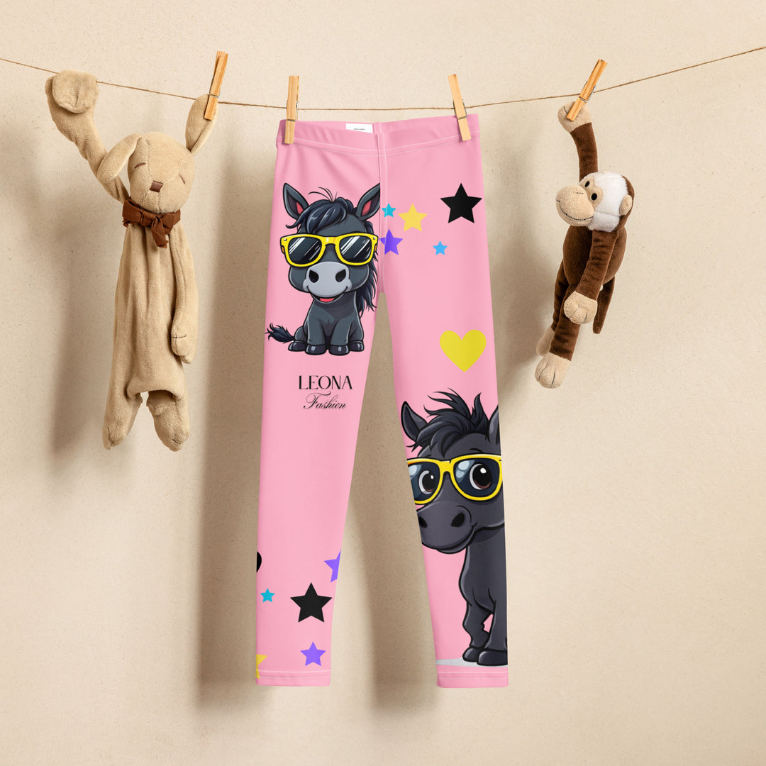 Pony Cool Girls Leggings, pink background with two black ponies wearing sunglasses and star details, full front view on display clips-with a visible 'Leona Fashion' text on the design