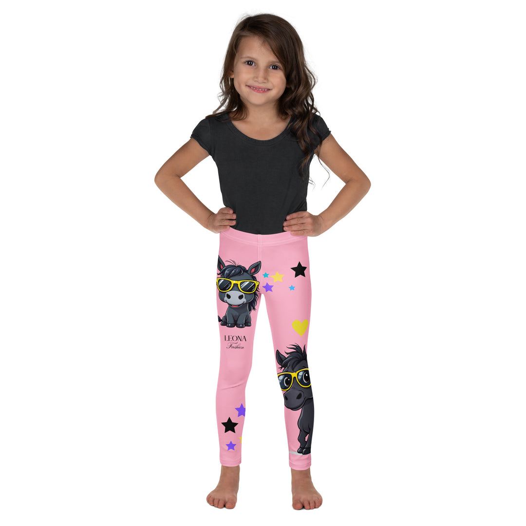 Pony Cool Girls Leggings, pink background with two black ponies wearing sunglasses and star details, front-facing pose shown on model-with a visible 'Leona Fashion' text on the design