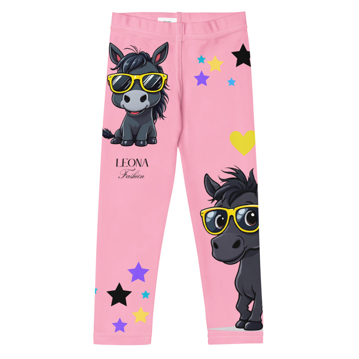 Pony Cool Girls Leggings, pink background with two black ponies wearing sunglasses and star details, front view-with a visible 'Leona Fashion' text on the design