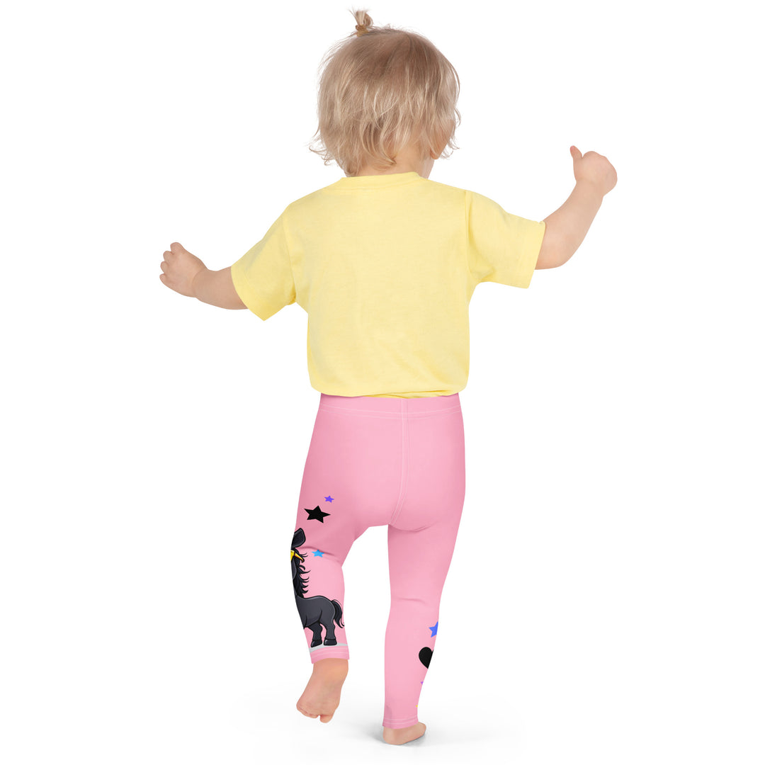 Pony Cool Girls Leggings, pink background with two black ponies wearing sunglasses and star details, back pose shown on model - rear stance