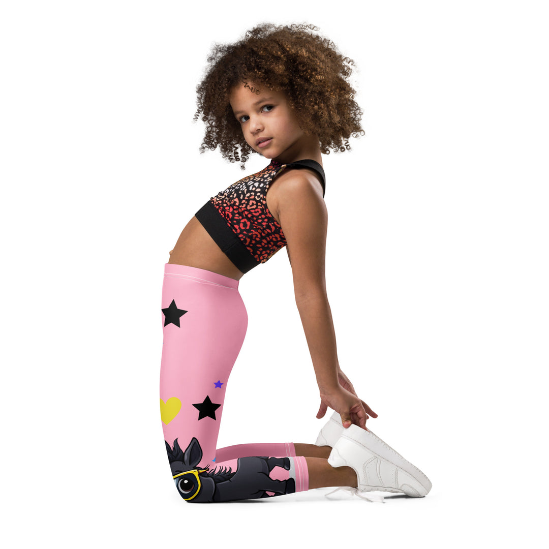 Pony Cool Girls Leggings, pink background with two black ponies wearing sunglasses and star details - side stance on model