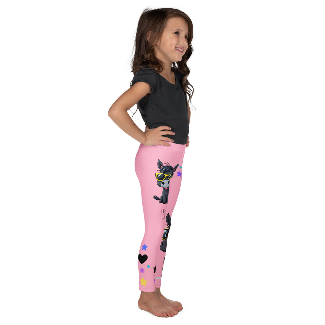 Pony Cool Girls Leggings, pink background with two black ponies wearing sunglasses and star details - side angle-with a visible 'Leona Fashion' text on the design