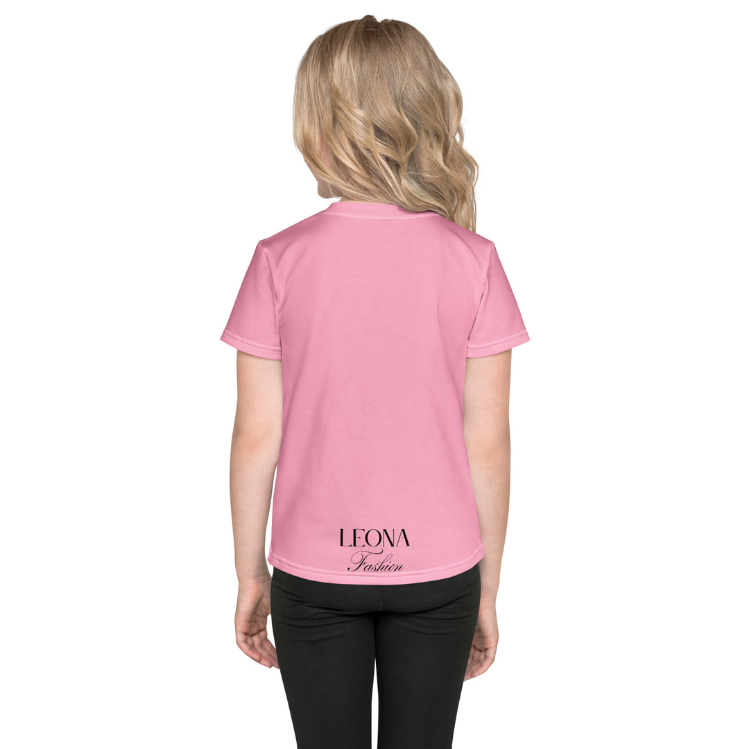  Pony Cool Girls T-shirt – back view on model, pink with black pony wearing yellow sunglasses and small colorful stars-with a visible 'Leona Fashion' text on the design