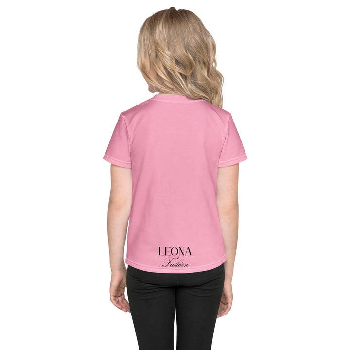  Pony Cool Girls T-shirt – back view on model, pink with black pony wearing yellow sunglasses and small colorful stars-with a visible 'Leona Fashion' text on the design