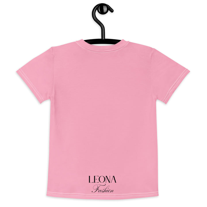  Pony Cool Girls T-shirt – back view on hanger, pink with black pony wearing yellow sunglasses and small colorful stars-with a visible 'Leona Fashion' text on the design