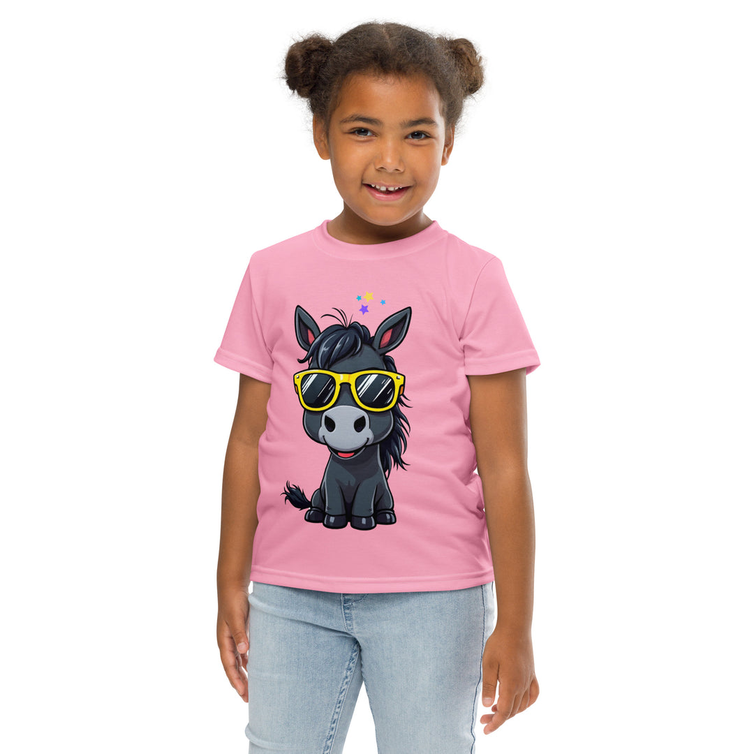 Pony Cool Girls T-shirt – front close-up pose with hands on hips on model, pink with black pony wearing yellow sunglasses and small colorful stars