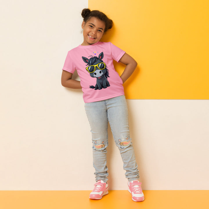  Pony Cool Girls T-shirt – relaxed front pose on model, pink with black pony wearing yellow sunglasses and small colorful stars