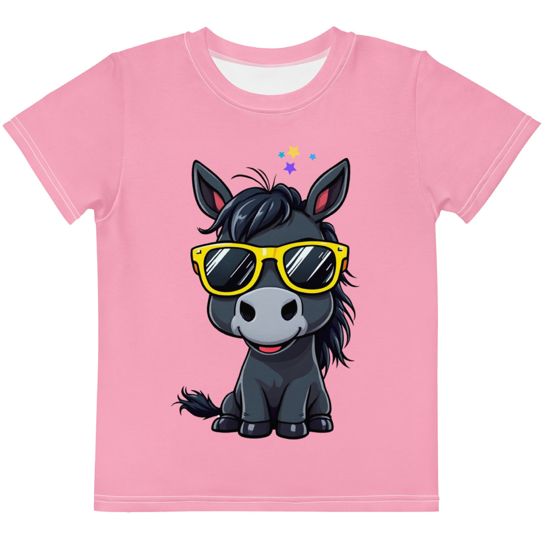  Pony Cool Girls T-shirt – front view, pink with black pony wearing yellow sunglasses and small colorful stars