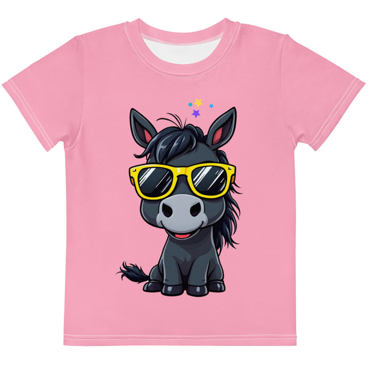  Pony Cool Girls T-shirt – front view, pink with black pony wearing yellow sunglasses and small colorful stars